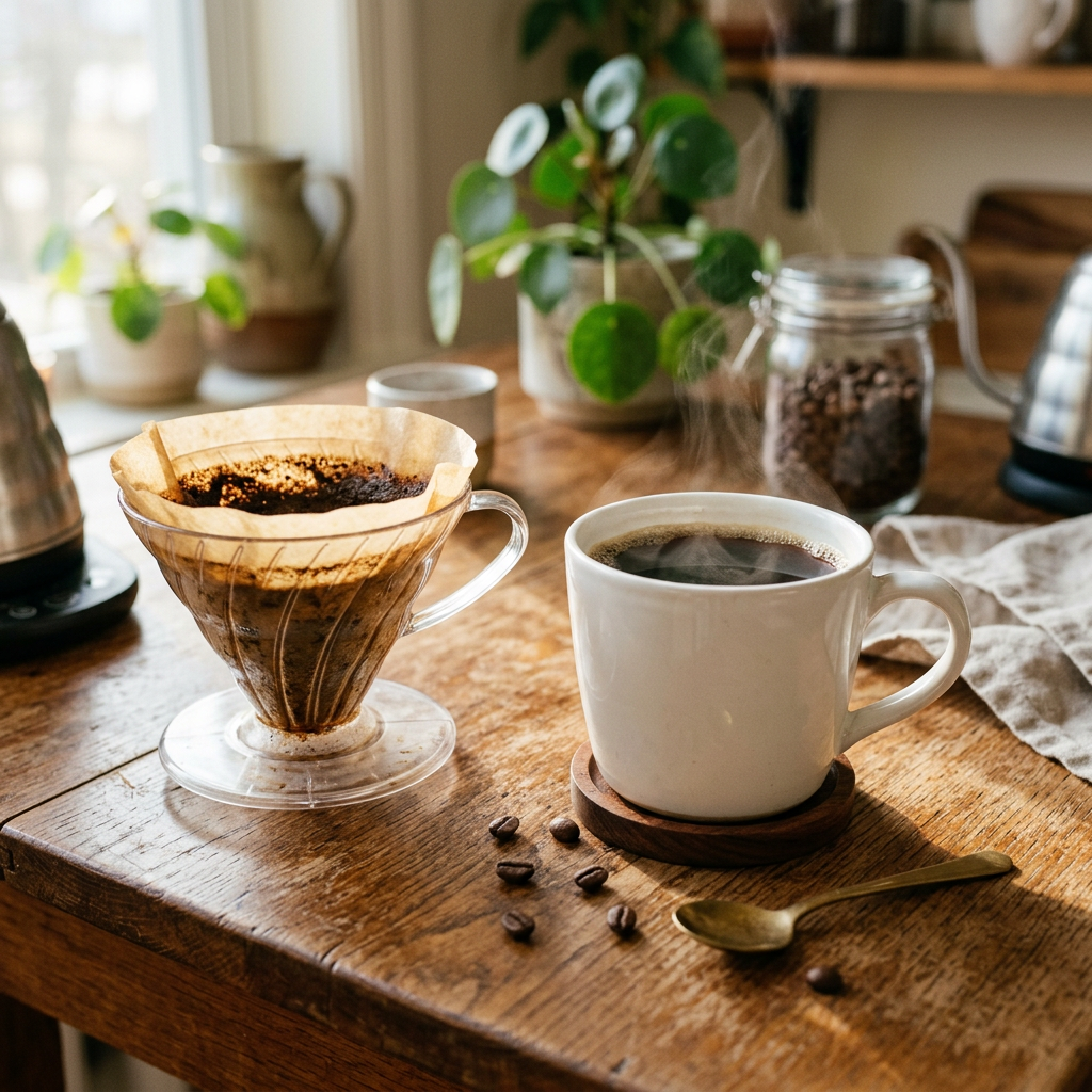 Finished cup of pour-over coffee next to the V60 dripper on a wooden table in warm morning light