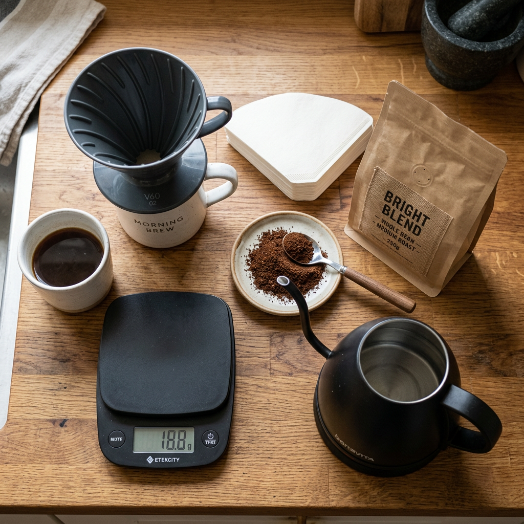Pour-over coffee equipment flat lay for beginners — V60 dripper, paper filters, coffee beans, kettle, mug, and scale on a wooden counter