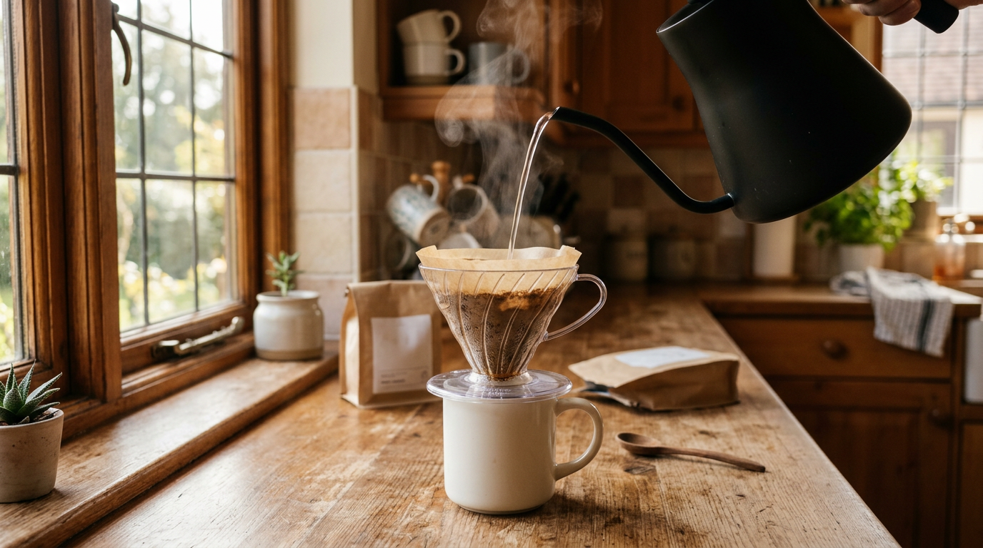 Pour-over coffee for beginners being brewed with a V60 dripper and gooseneck kettle over a white ceramic mug in warm morning light