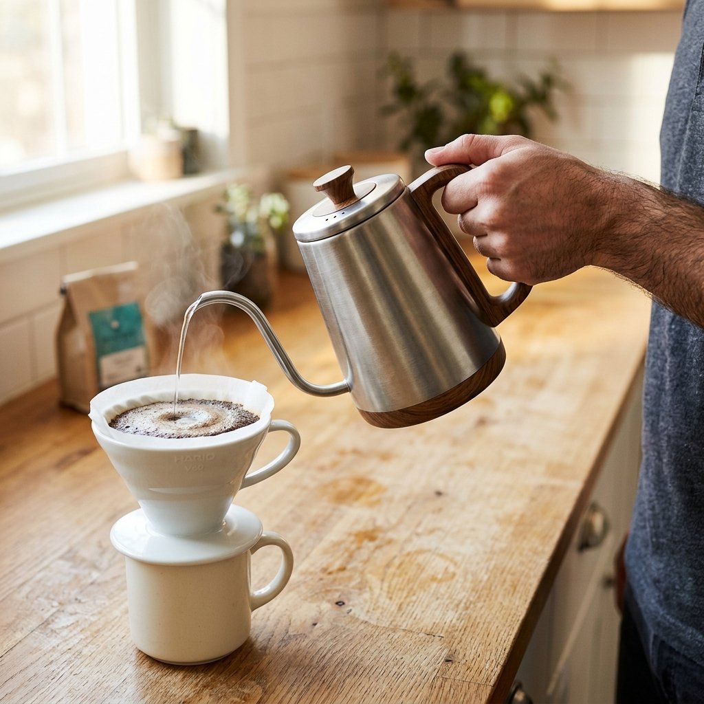 Slow spiral pour of hot water over coffee grounds in a V60 dripper — the main brewing step in pour-over coffee for beginners