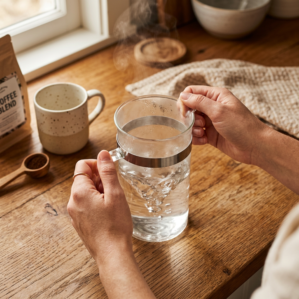 Preheating a French press by swirling hot water inside — a key step in how to use a french press