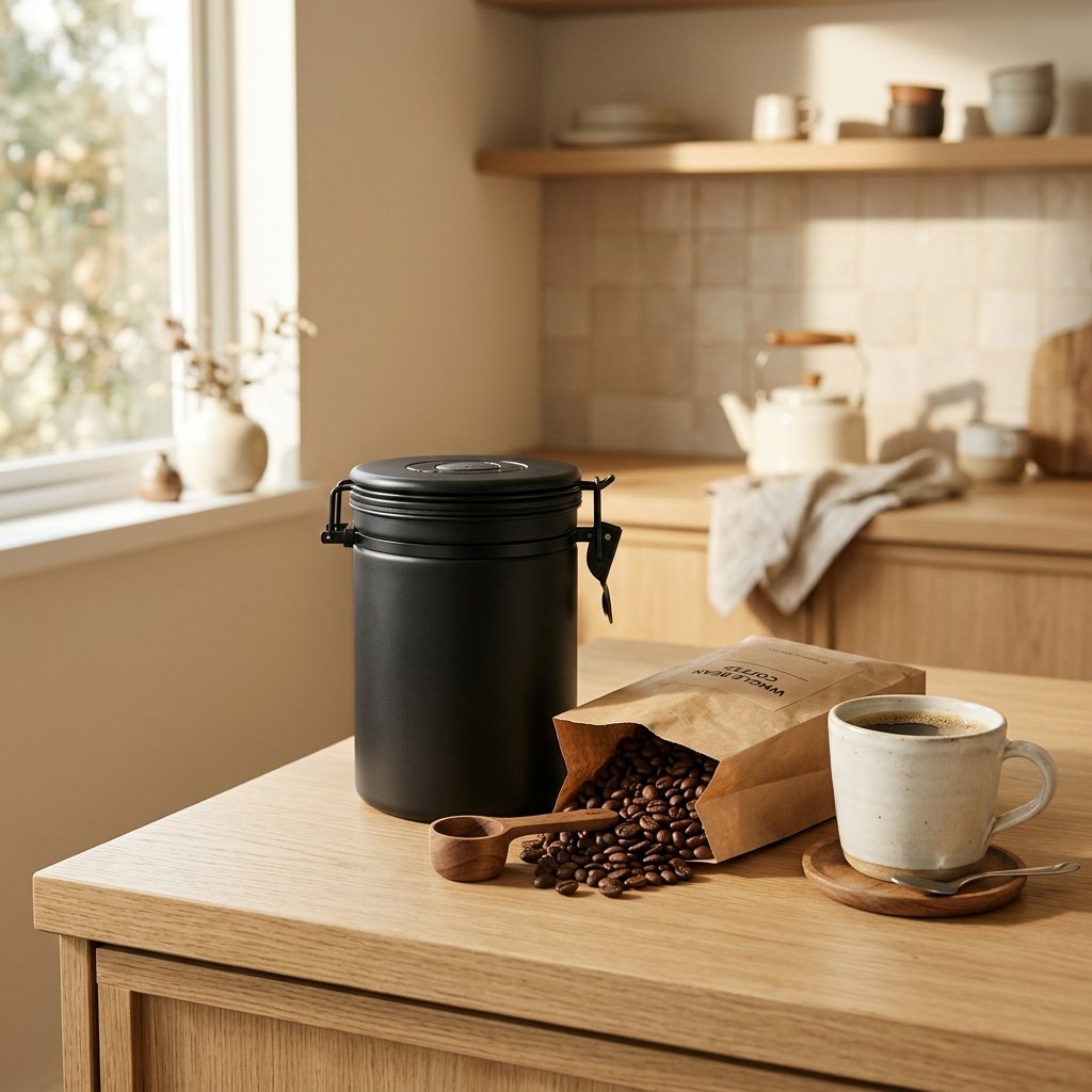 Sleek matte black vacuum coffee canister on a kitchen counter with coffee beans and a mug
