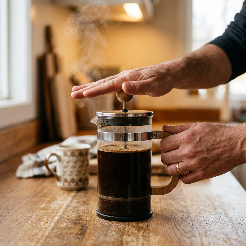 Pressing the plunger slowly on a french press — the final step in how to use a french press