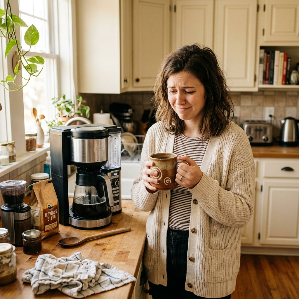 A person looking puzzled at their coffee mug in a home kitchen, relatable moment of inconsistent coffee brewing