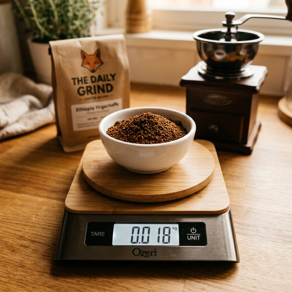 Close-up of a digital coffee scale reading 18 grams with ground coffee in a bowl, showing precise measurement for brewing