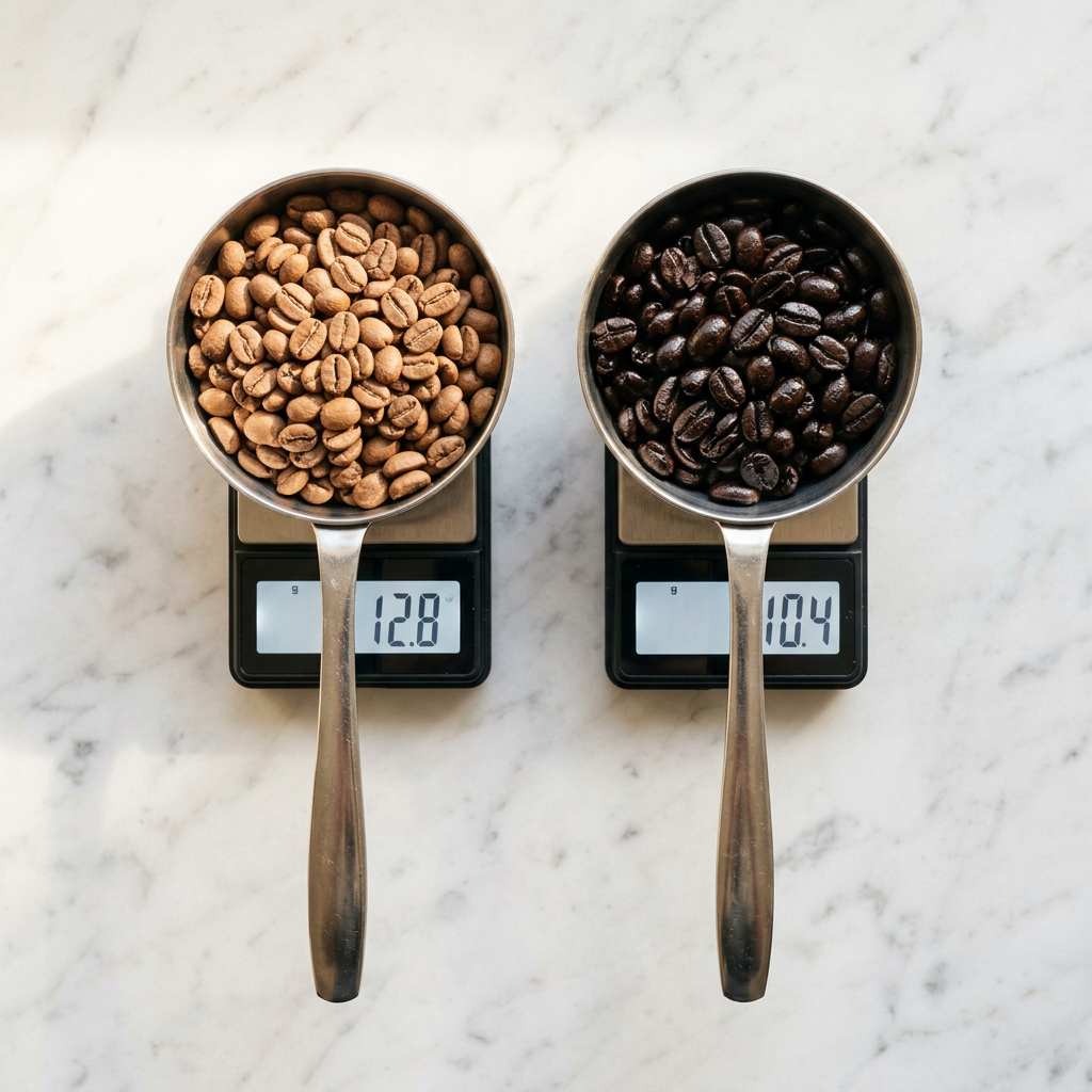 Two coffee scoops side by side filled with light and dark roast beans showing why you need a scale for coffee — the same scoop holds different weights