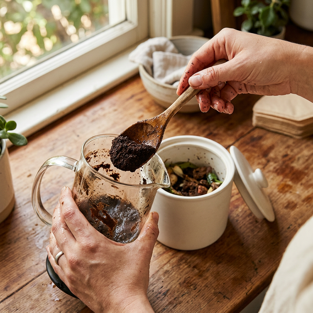 Hands scooping wet coffee grounds from a French press carafe into a compost bin with a wooden spoon