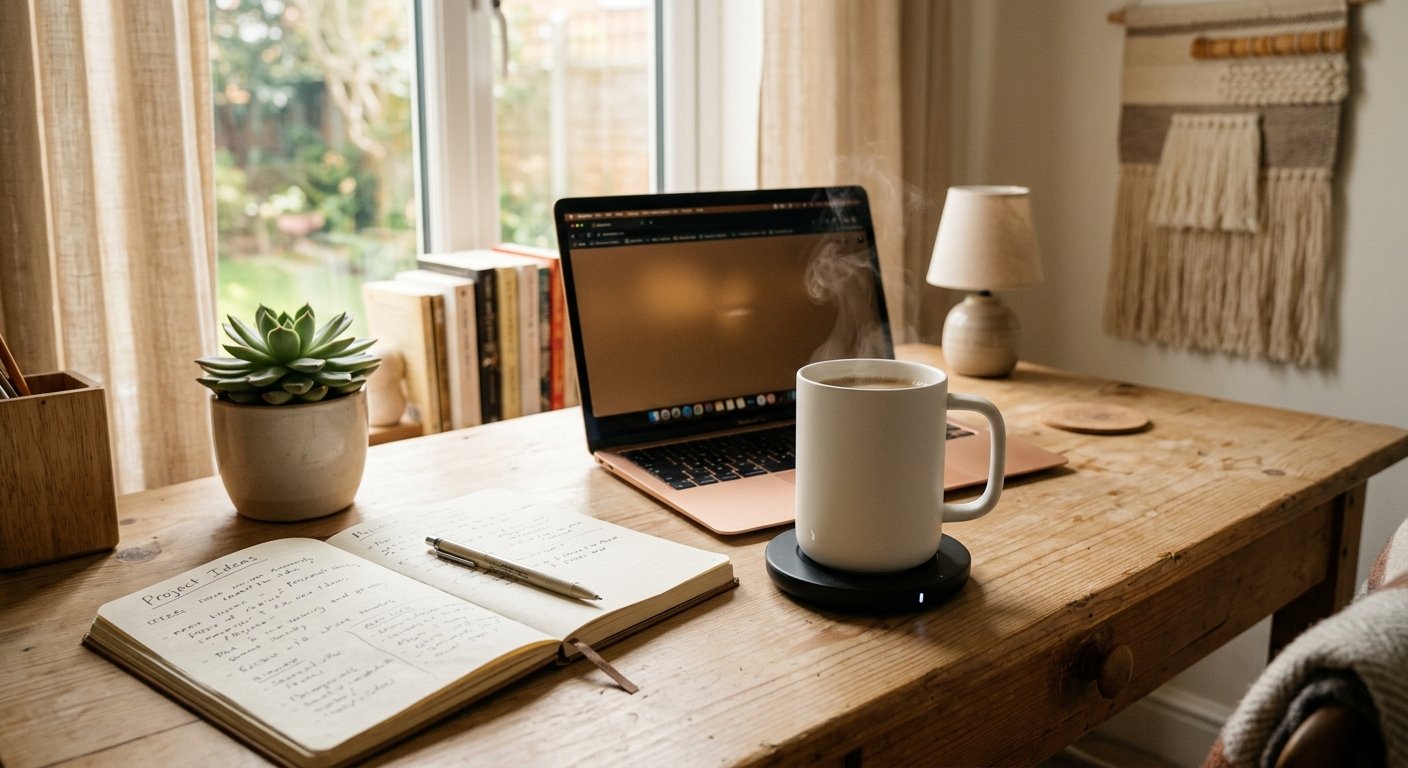 Smart heated coffee mug sitting on a charging coaster next to a laptop — a thoughtful Mother's Day gift for a busy coffee lover