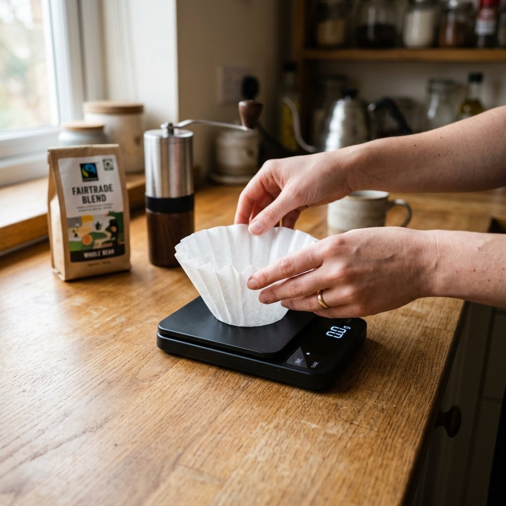 Hands placing a coffee filter on a digital scale and taring it to zero, beginner coffee brewing step-by-step