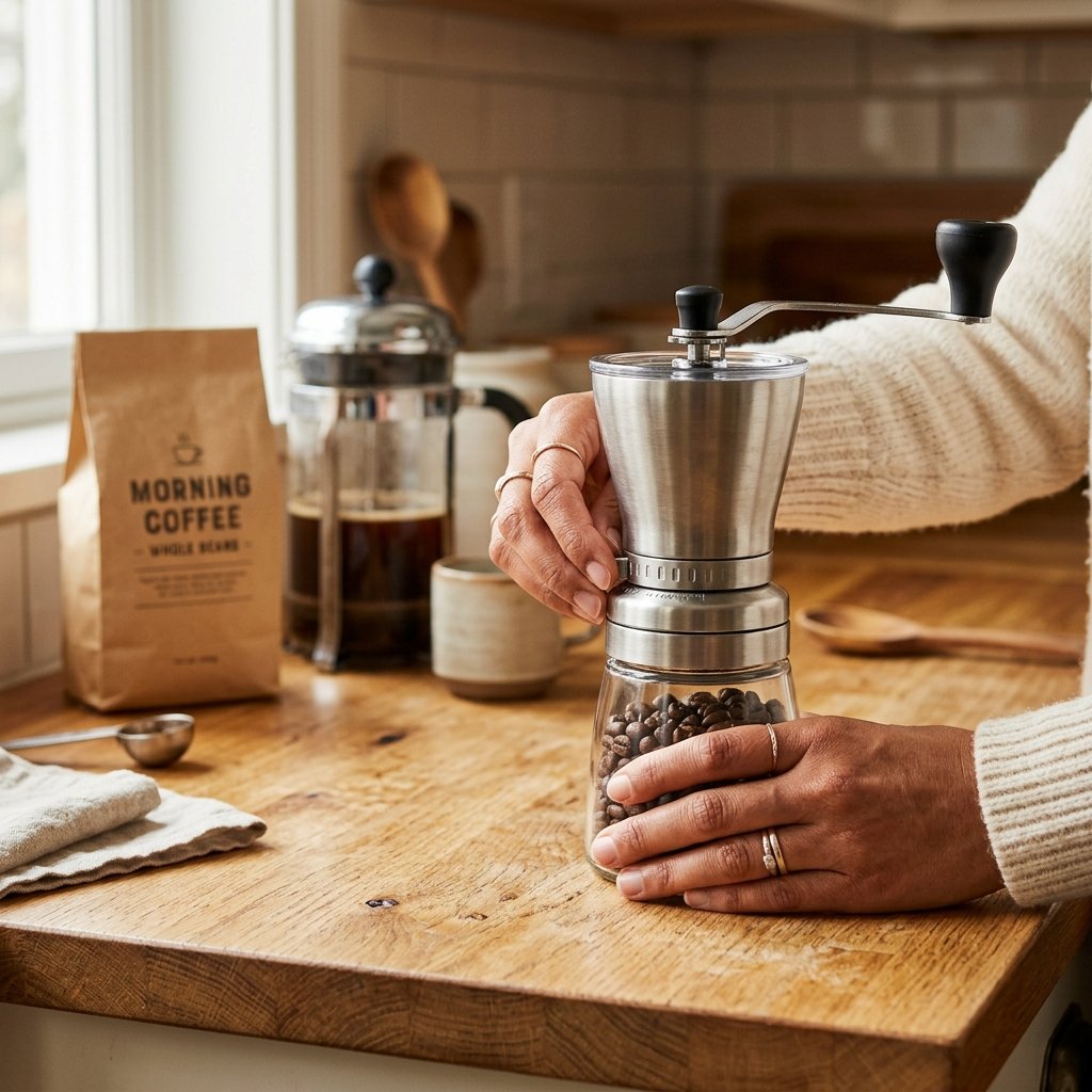 Hands adjusting the grind setting on a manual burr coffee grinder for french press