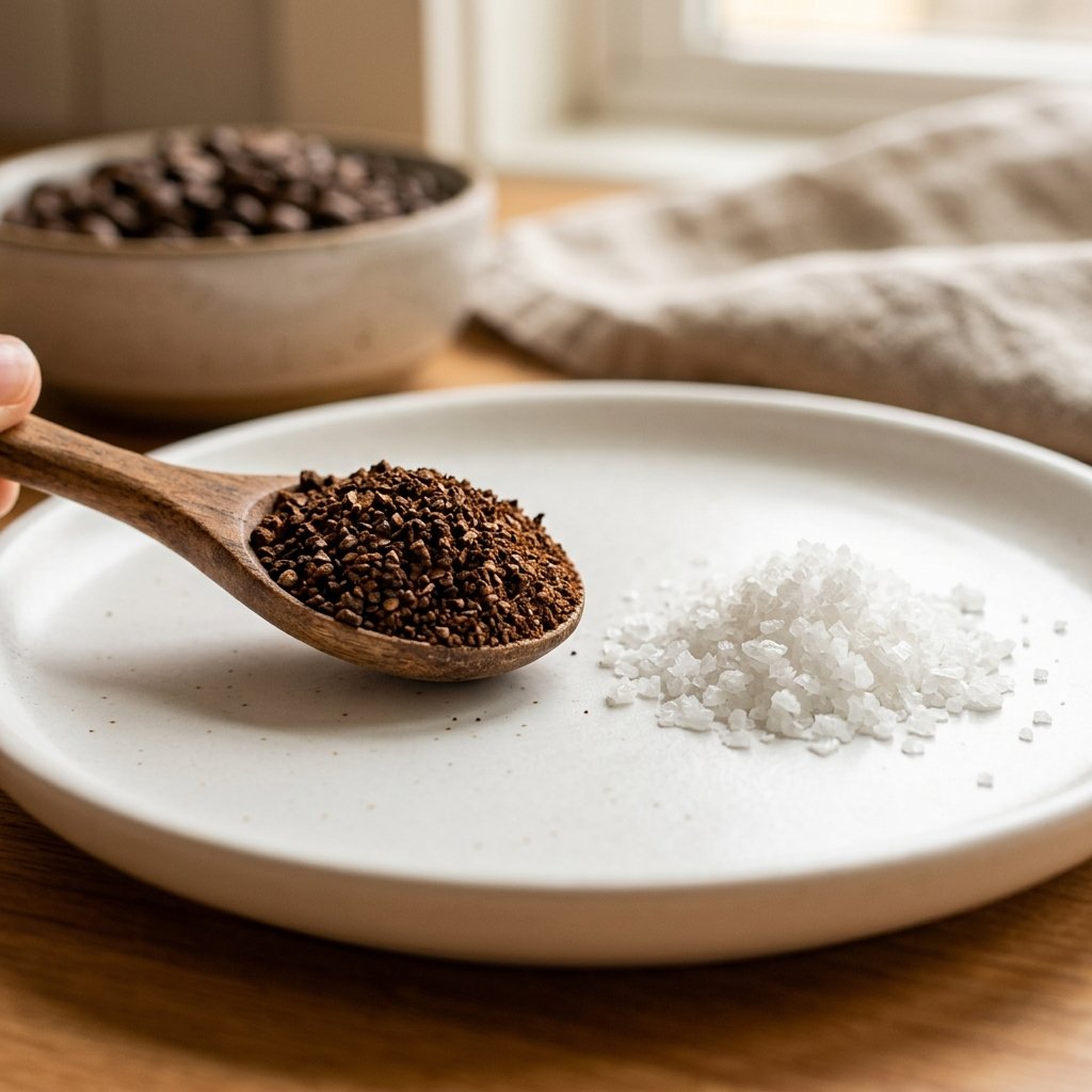 Close-up of coarse coffee grounds next to sea salt showing the ideal french press grind size