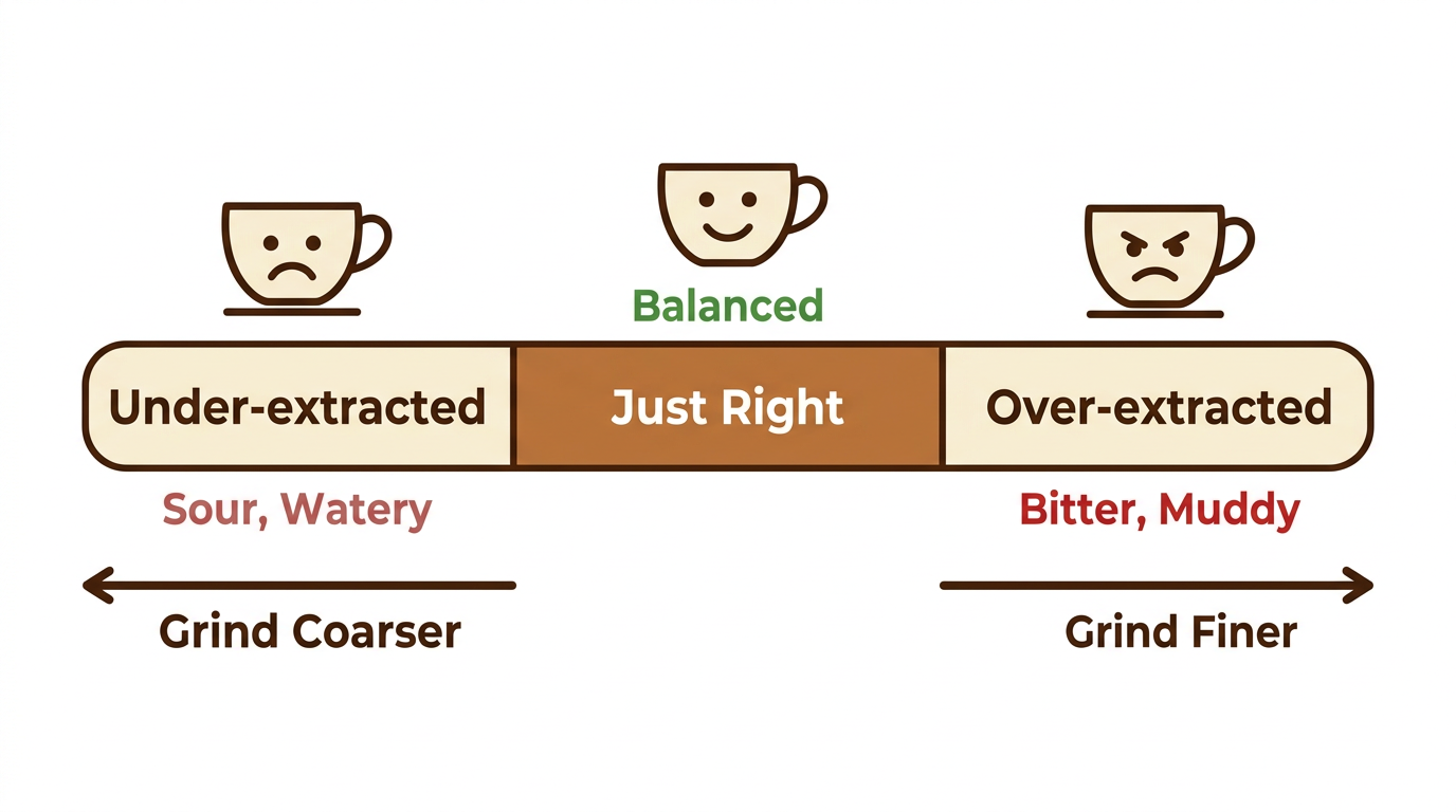 Infographic showing the french press grind size extraction scale from under-extracted to over-extracted