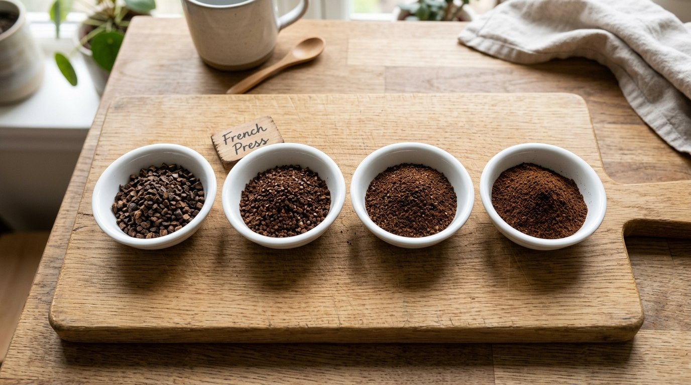 Side-by-side comparison of coffee grind sizes from extra coarse to fine, with coarse french press grind size highlighted