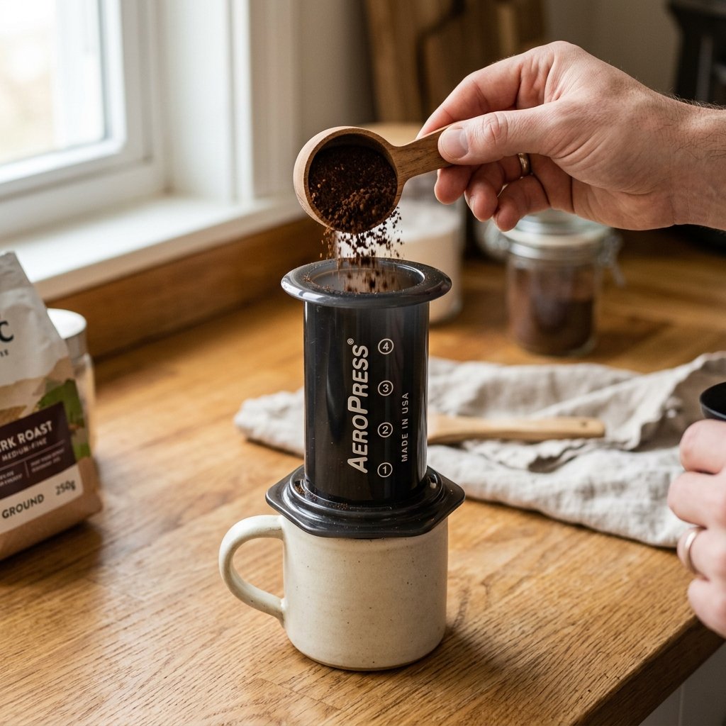 medium-fine ground coffee being added to the top chamber when learning how to use an AeroPress