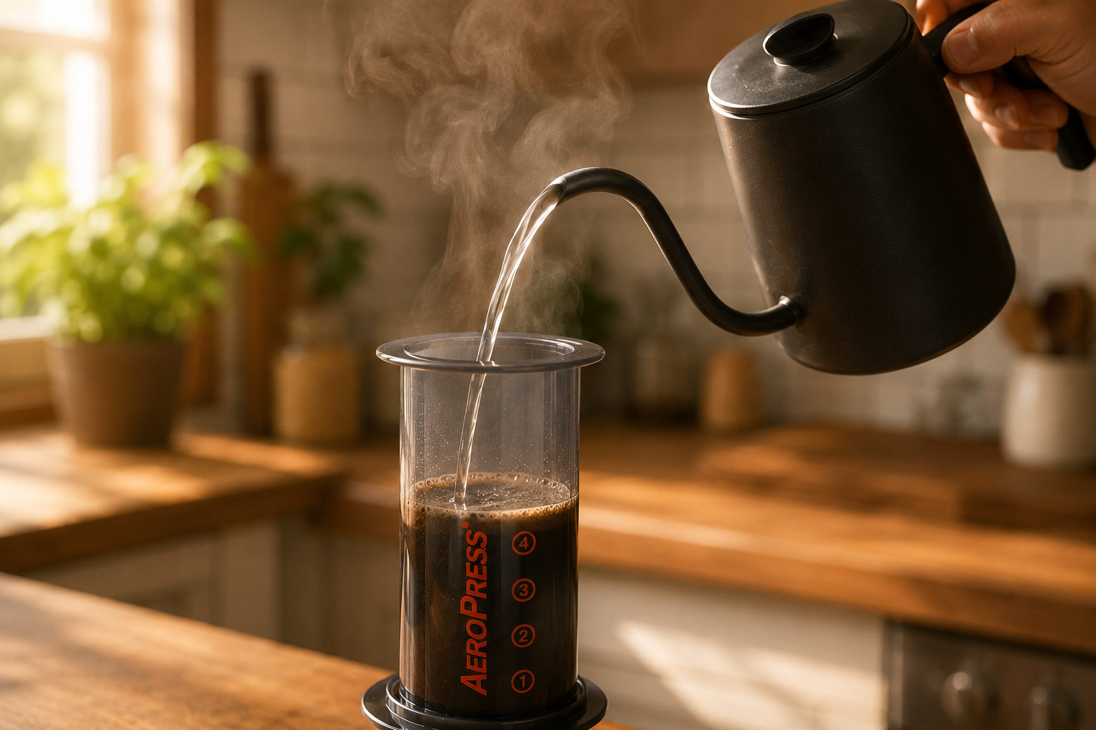 Hand pouring hot water into an AeroPress in a warm home kitchen