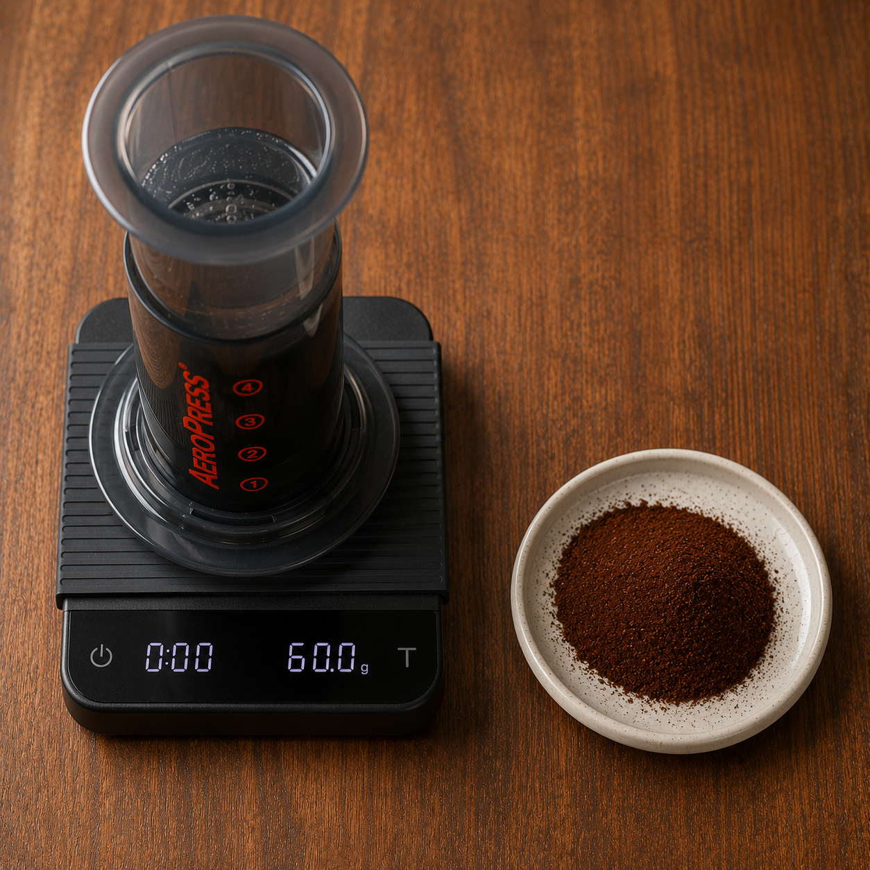 AeroPress on a kitchen scale showing the 60-gram water dose for espresso-style brewing