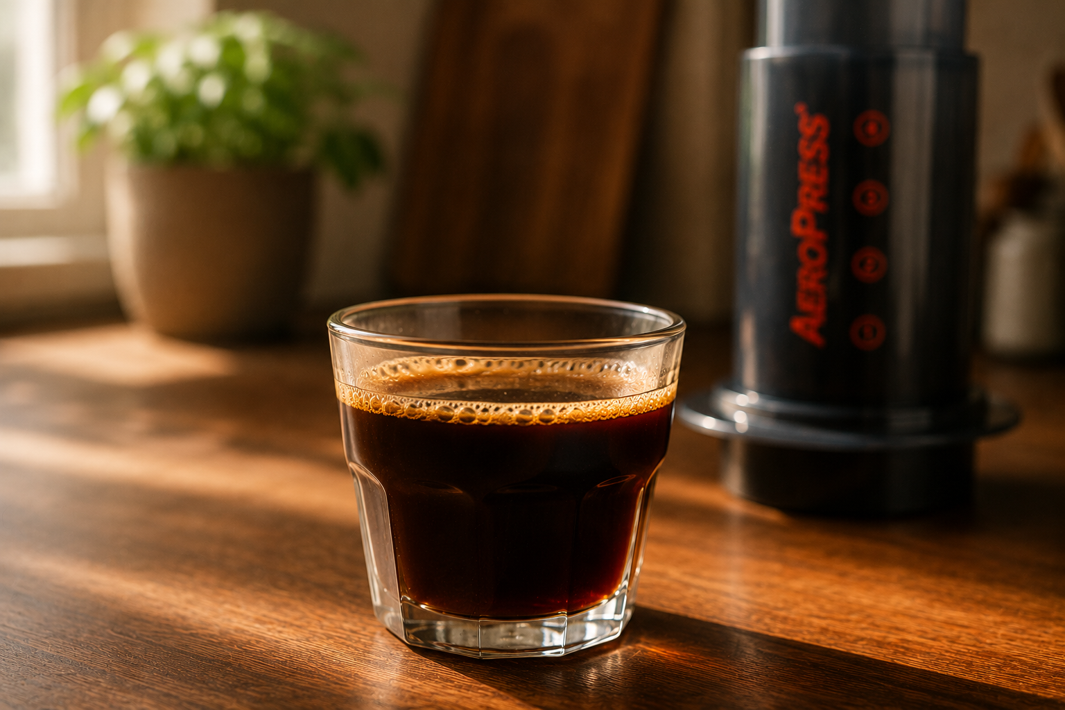 AeroPress espresso shot in a small glass on a wood counter
