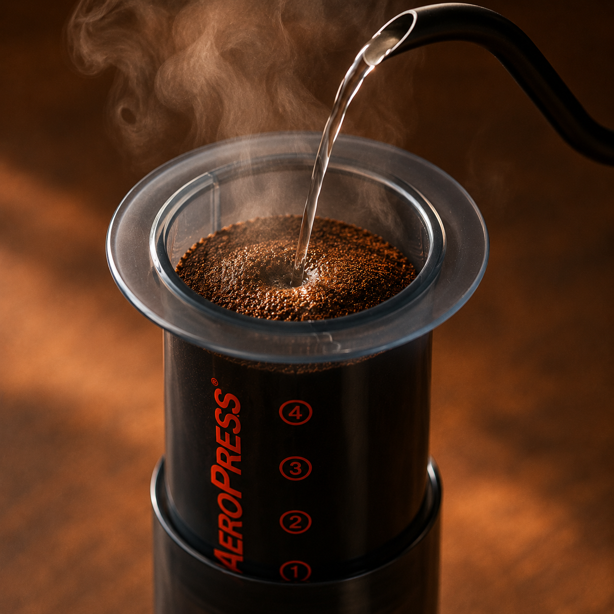 Pouring hot water into an AeroPress over fine espresso-grind coffee