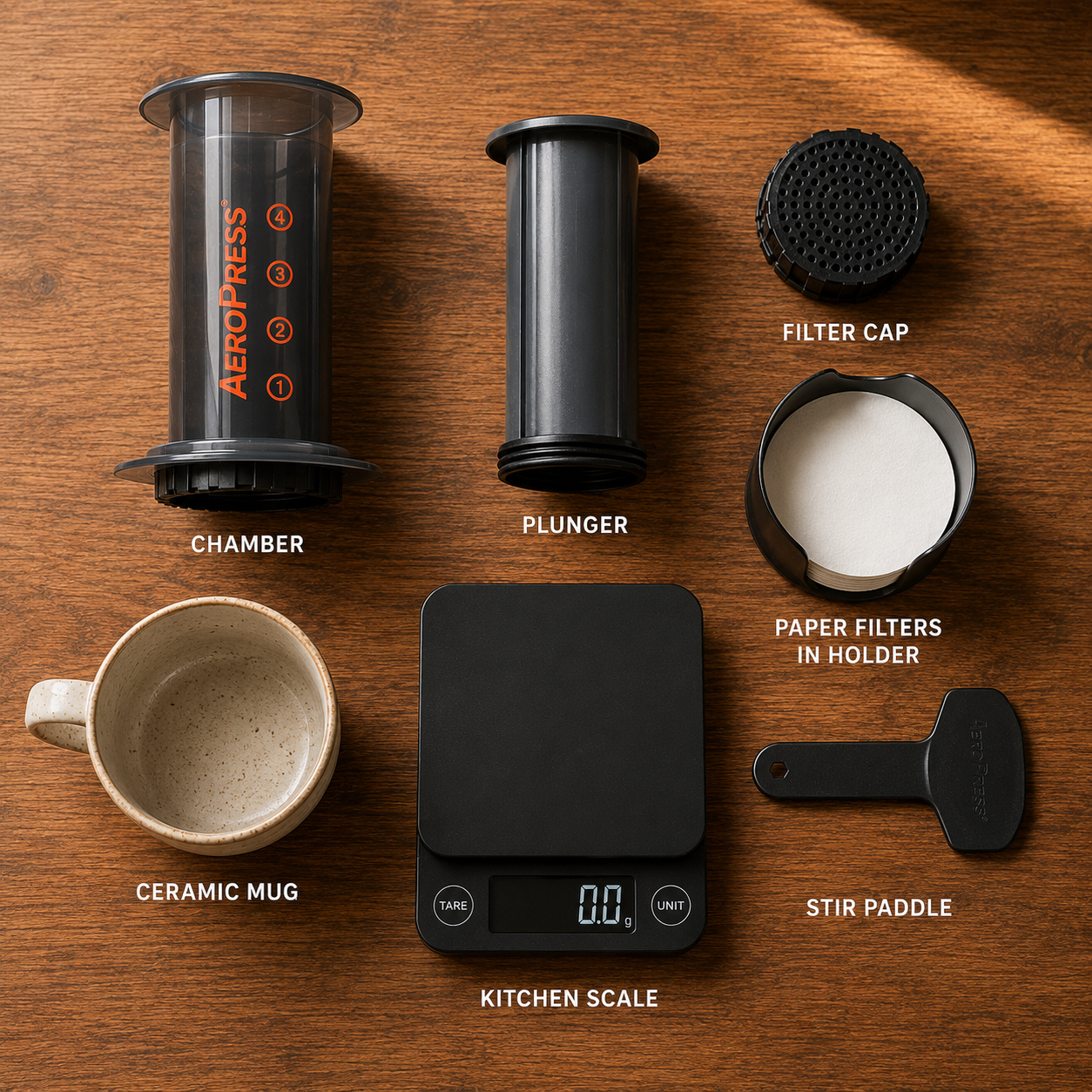 AeroPress disassembled with all parts laid out flat on a kitchen counter