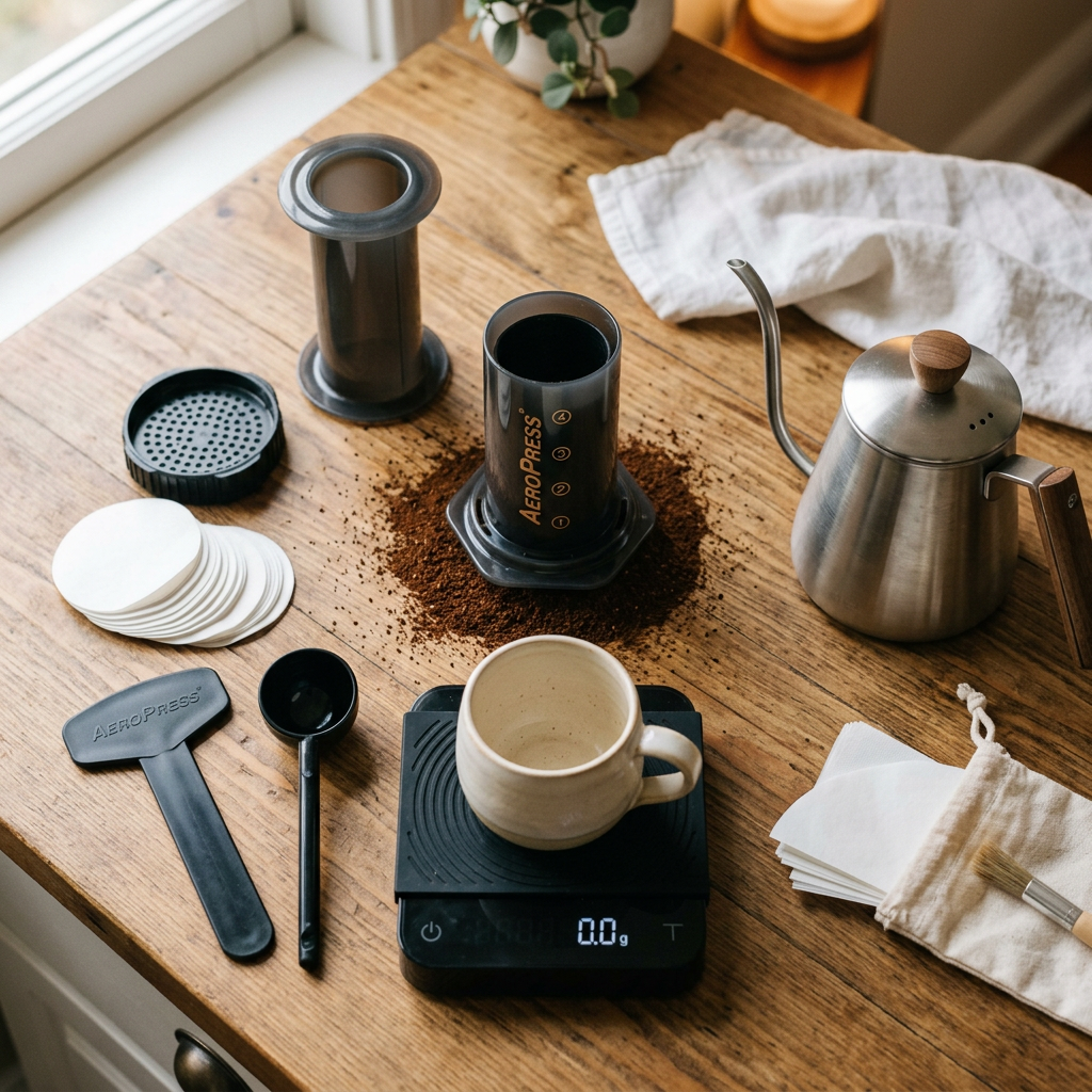 overhead flatlay of all the gear you need to use an AeroPress — brewer, filters, scoop, stirrer, scale, mug, and kettle