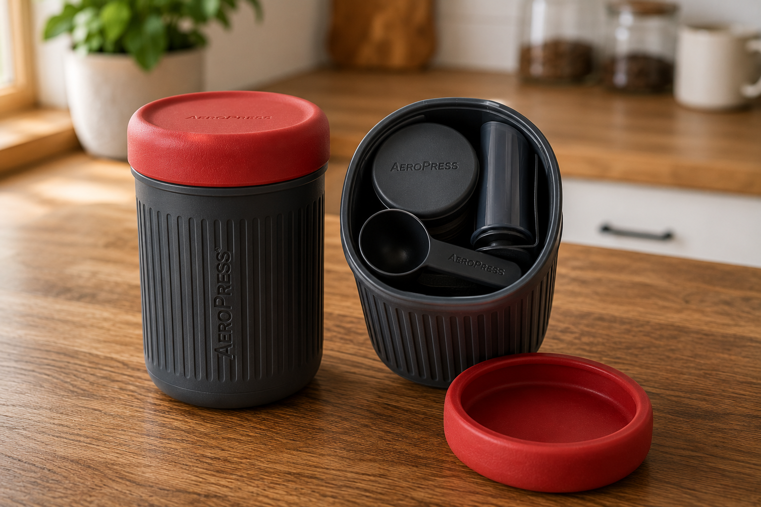 AeroPress Go fully packed showing components nested inside the travel mug