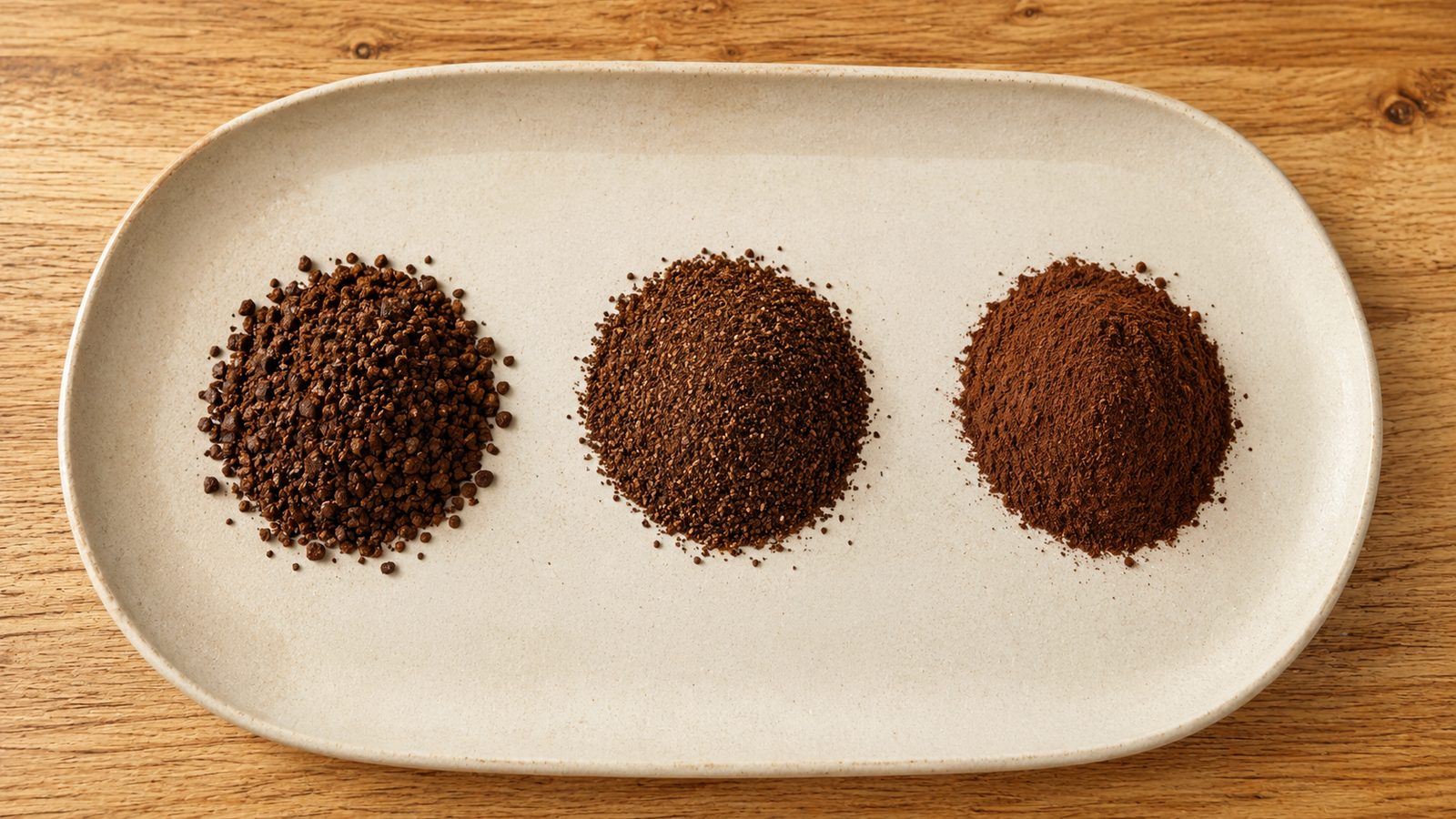 Three piles of ground coffee compared side by side — coarse, medium-fine, and fine grinds for AeroPress