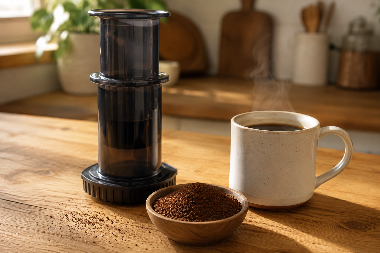 AeroPress coffee maker with a wooden bowl of medium-fine ground coffee and a freshly brewed mug — the best grind size for AeroPress