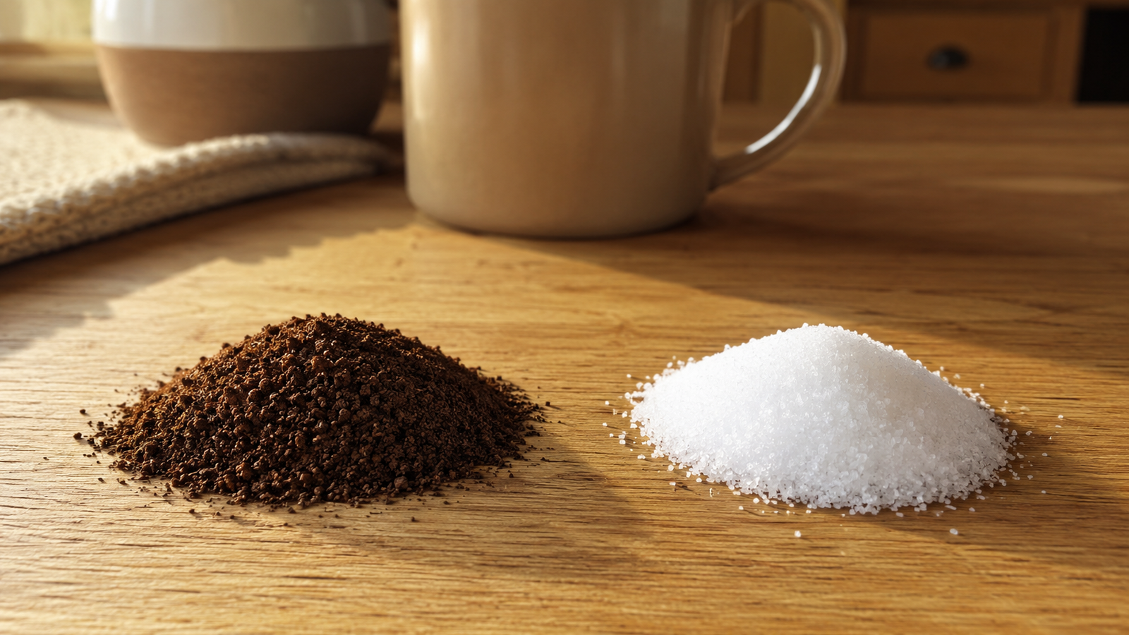 Close-up of medium-fine ground coffee next to a pile of table salt — the best grind size for AeroPress matches table salt