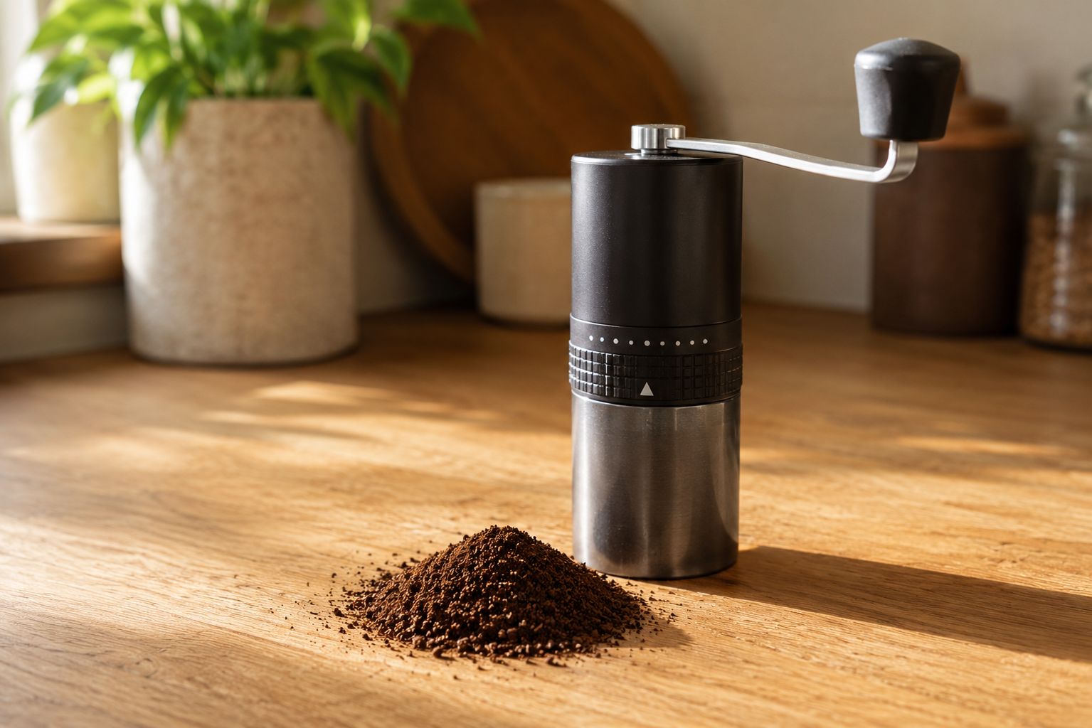 Manual burr coffee grinder with adjustment dial and a pile of fresh grounds — adjust one click at a time for AeroPress