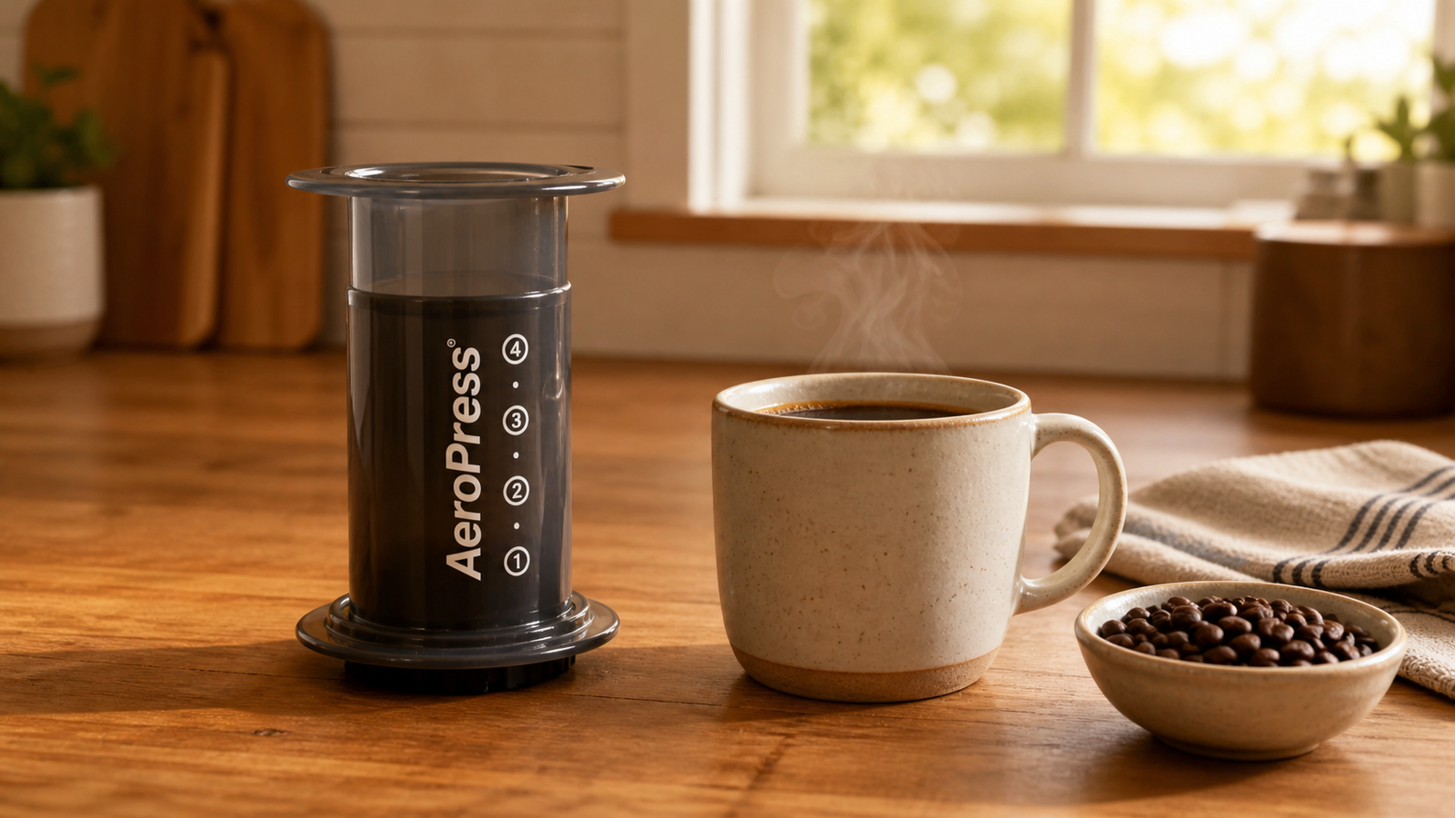 how to use an AeroPress — hands pressing the plunger as coffee drips into a cream mug on a warm wooden kitchen counter