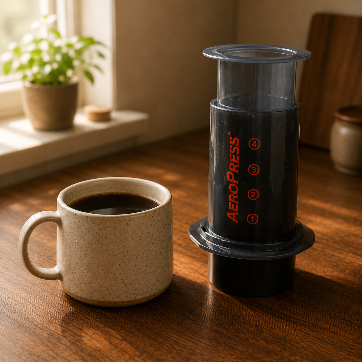 Finished cup of AeroPress coffee on a wood counter beside the brewer