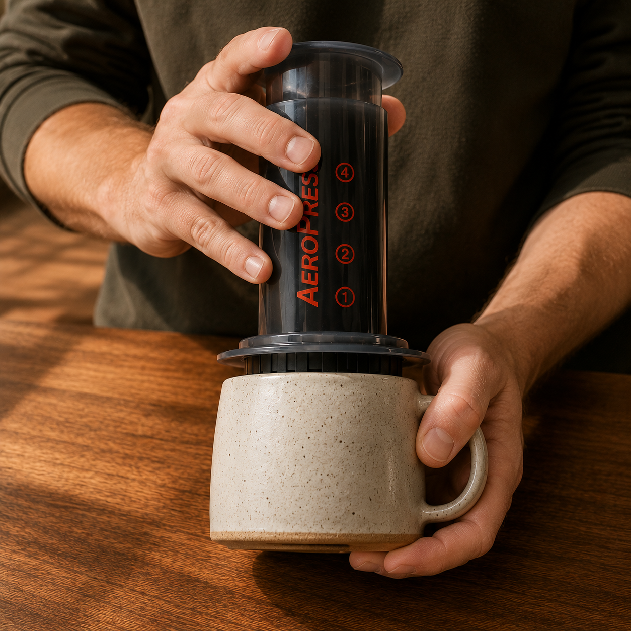 Hands flipping an inverted AeroPress over a ceramic mug