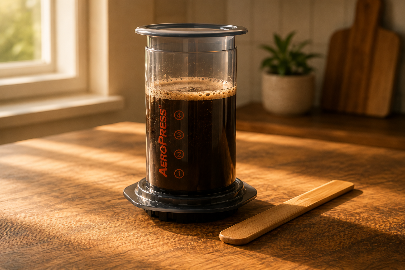 AeroPress inverted upside down on a kitchen counter mid-steep, with a stirring paddle beside it