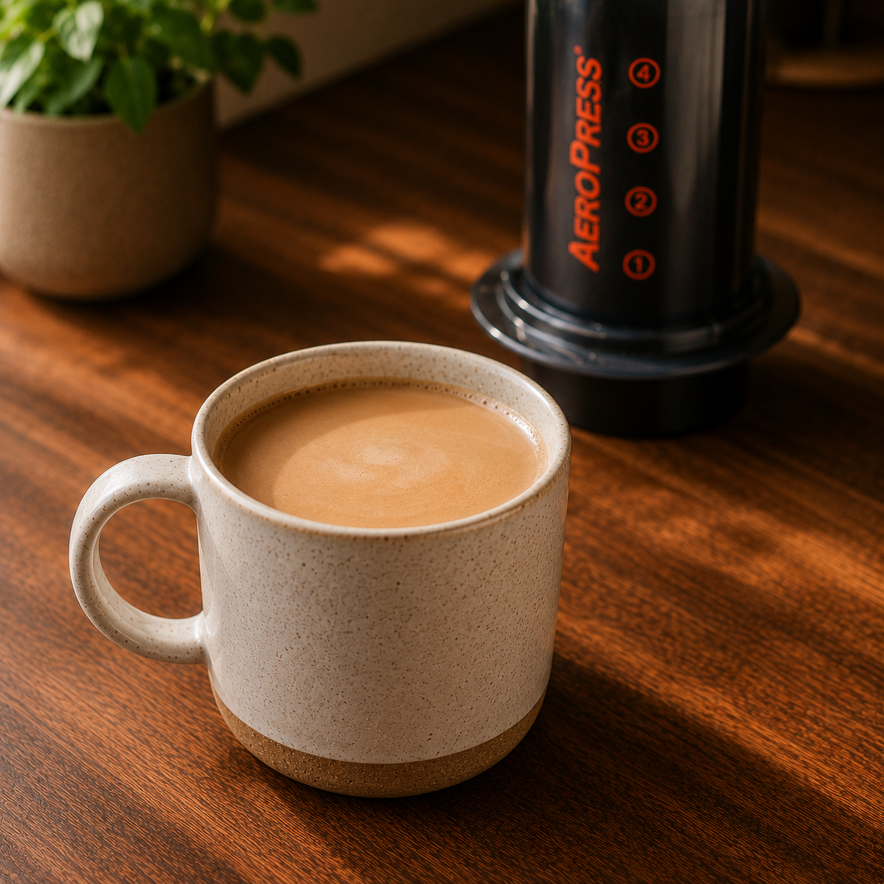 Latte made with AeroPress espresso-style coffee in a ceramic cup