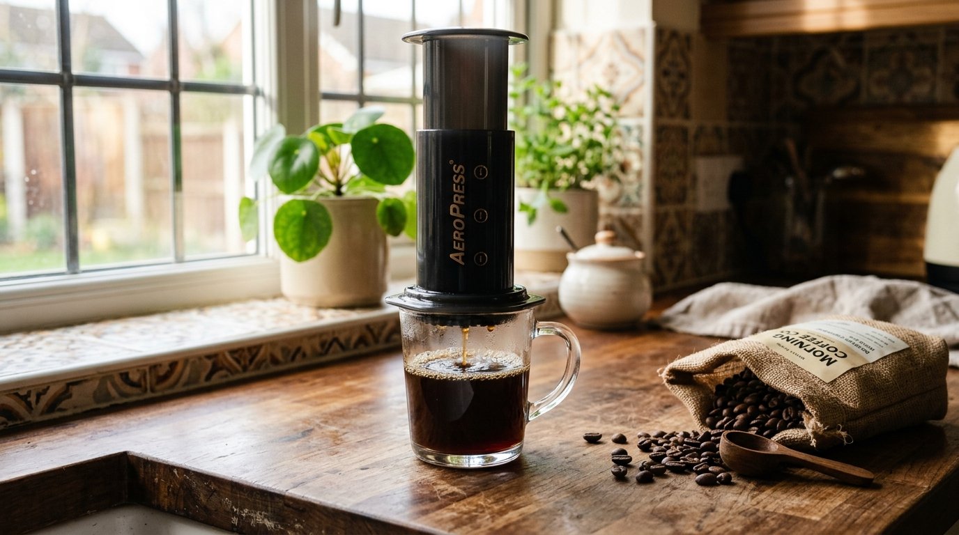Best father's day gift for coffee lovers — AeroPress brewing fresh coffee on a kitchen counter in morning light