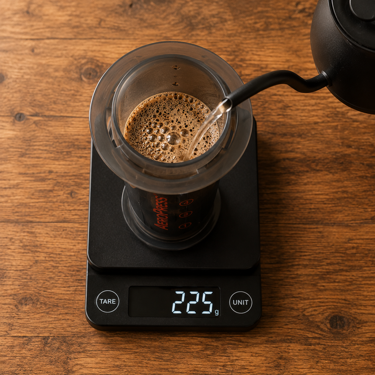 Pouring 225 grams of water into an AeroPress on a kitchen scale