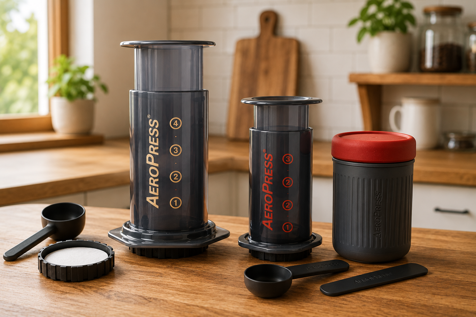AeroPress Original and AeroPress Go side by side showing size difference