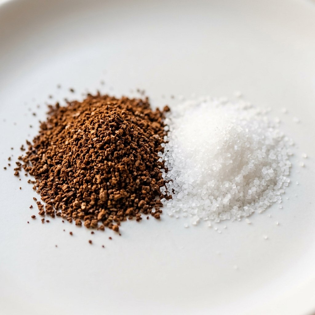 Close-up comparison of medium-fine aeropress coffee grounds next to table salt on a white surface — both showing similar grainy texture