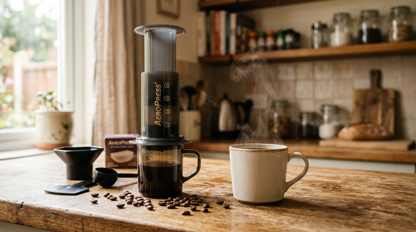 AeroPress coffee maker on a warm wooden kitchen counter with a freshly brewed mug of aeropress coffee beside it in soft morning light