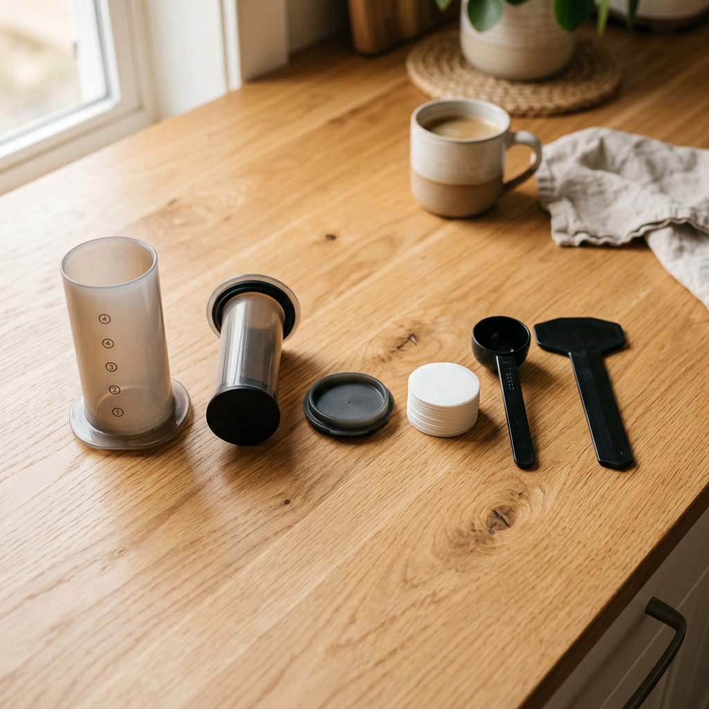 Flat-lay photo of all the AeroPress coffee maker components — chamber, plunger, filter cap, paper filters, scoop, and stirrer — arranged on a wooden kitchen surface