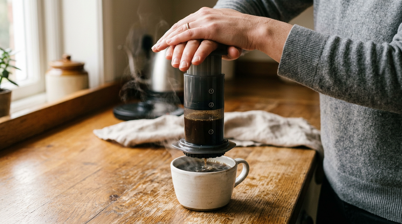 Hands pressing the plunger of an aeropress coffee maker on a kitchen counter with a ceramic mug below and steam rising