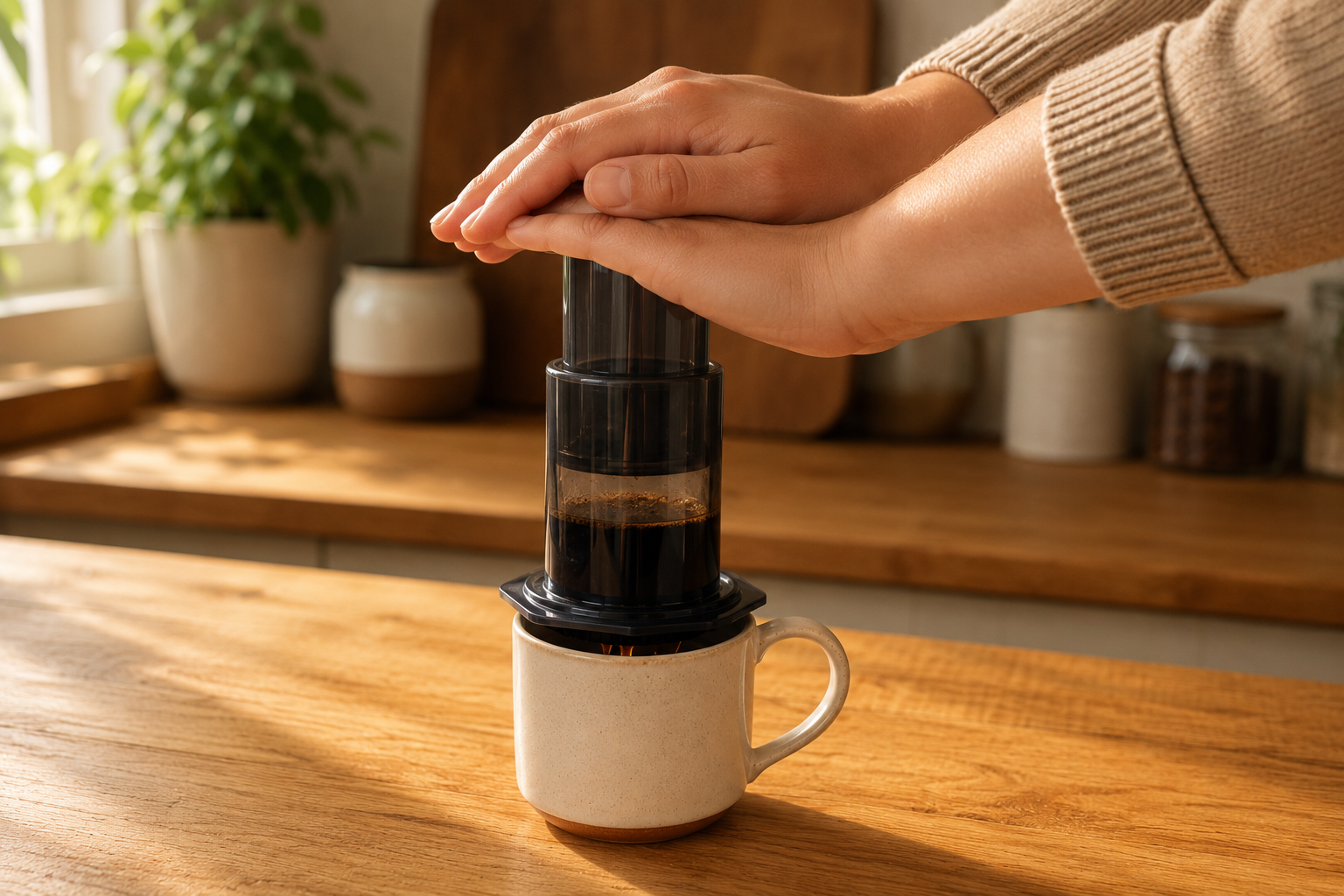 Hand pressing the plunger of an AeroPress with steady gentle pressure — what the right grind size feels like