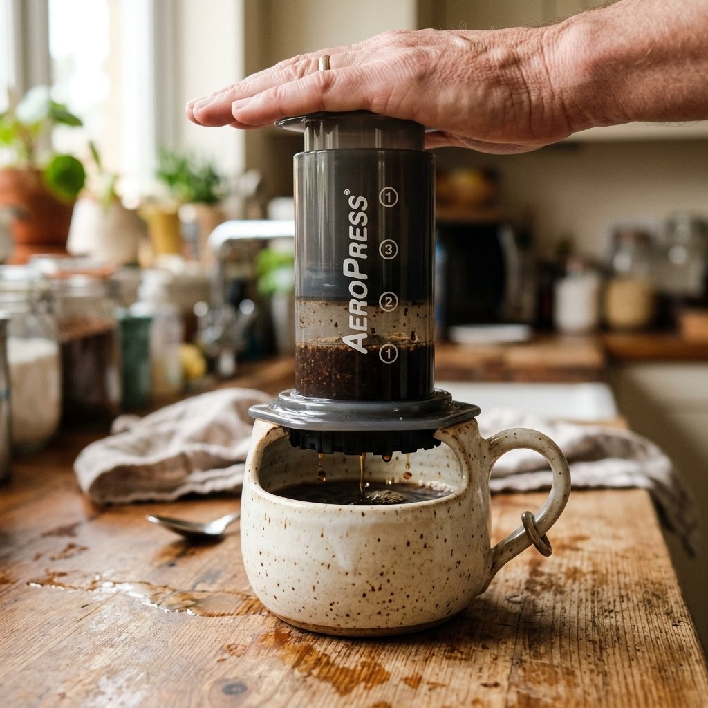 hands slowly pressing the AeroPress plunger as coffee drips into a cream ceramic mug