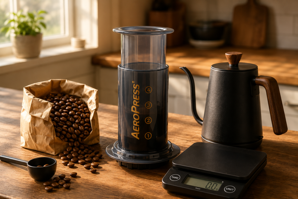 AeroPress with a kitchen scale, coffee beans, and gooseneck kettle on a wood counter for measuring the perfect ratio