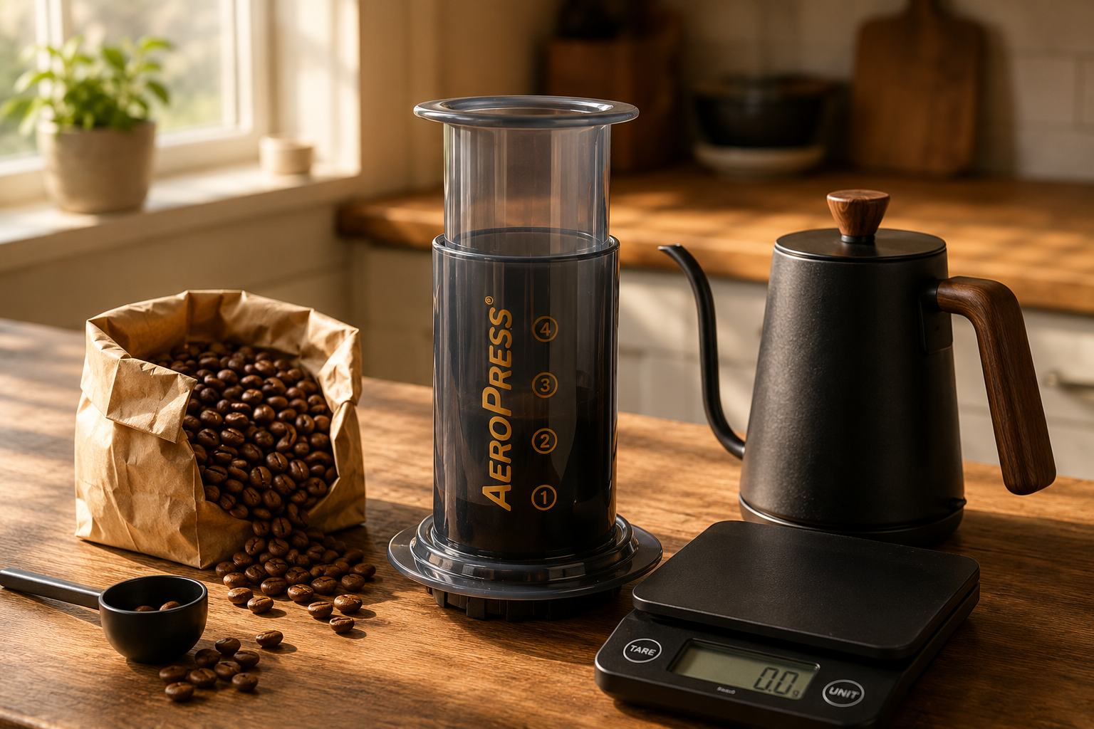 AeroPress with a kitchen scale, coffee beans, and gooseneck kettle on a wood counter for measuring the perfect ratio