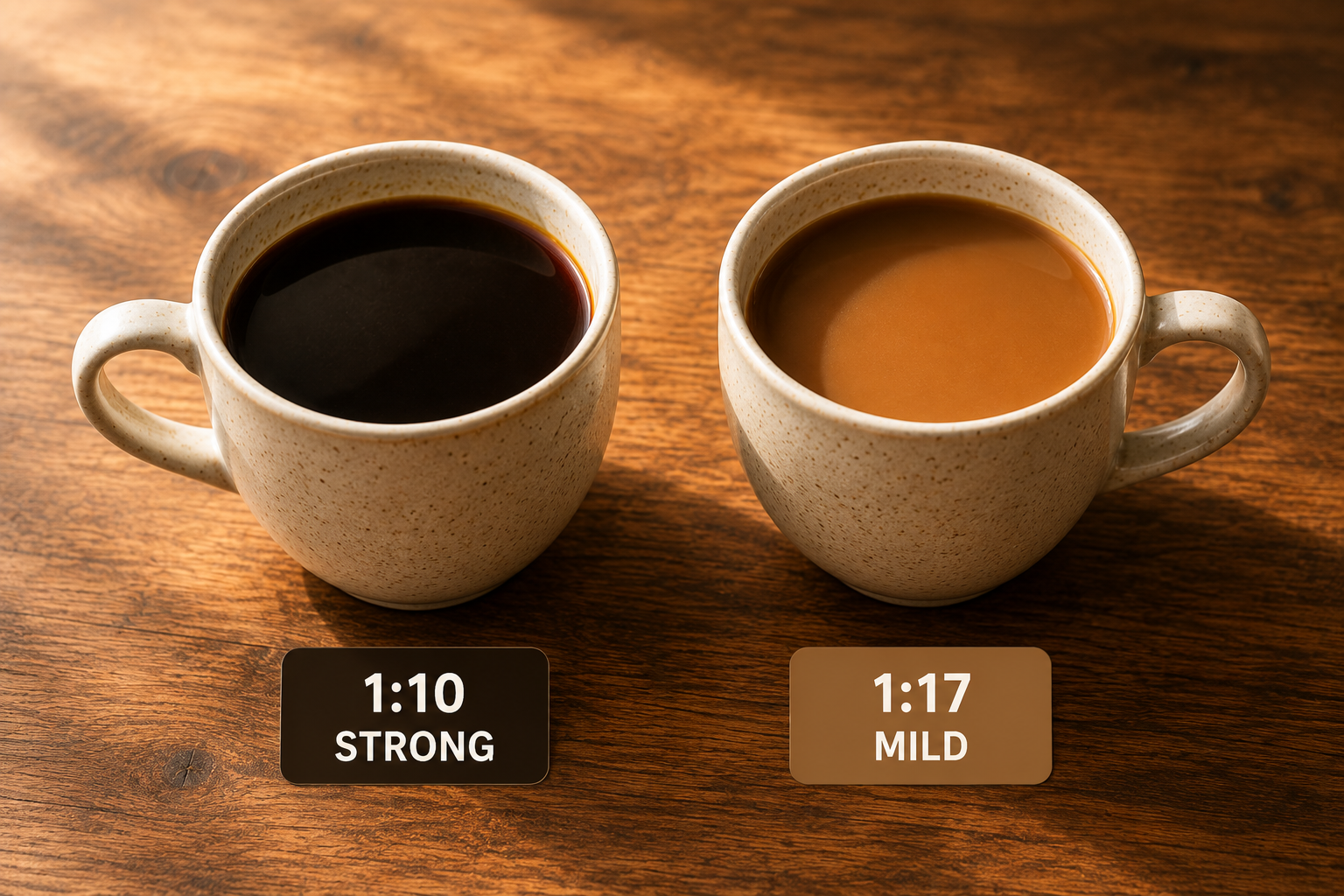 Two cups of AeroPress coffee side by side showing strong versus mild brewing strengths