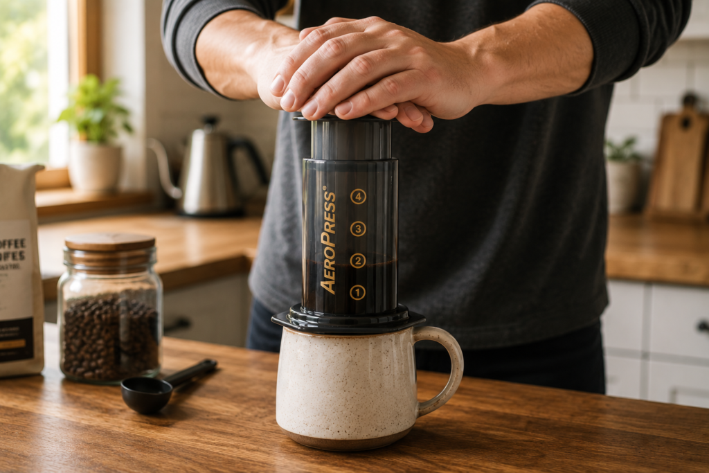 Hands pressing down on an AeroPress plunger over a coffee mug on a kitchen counter
