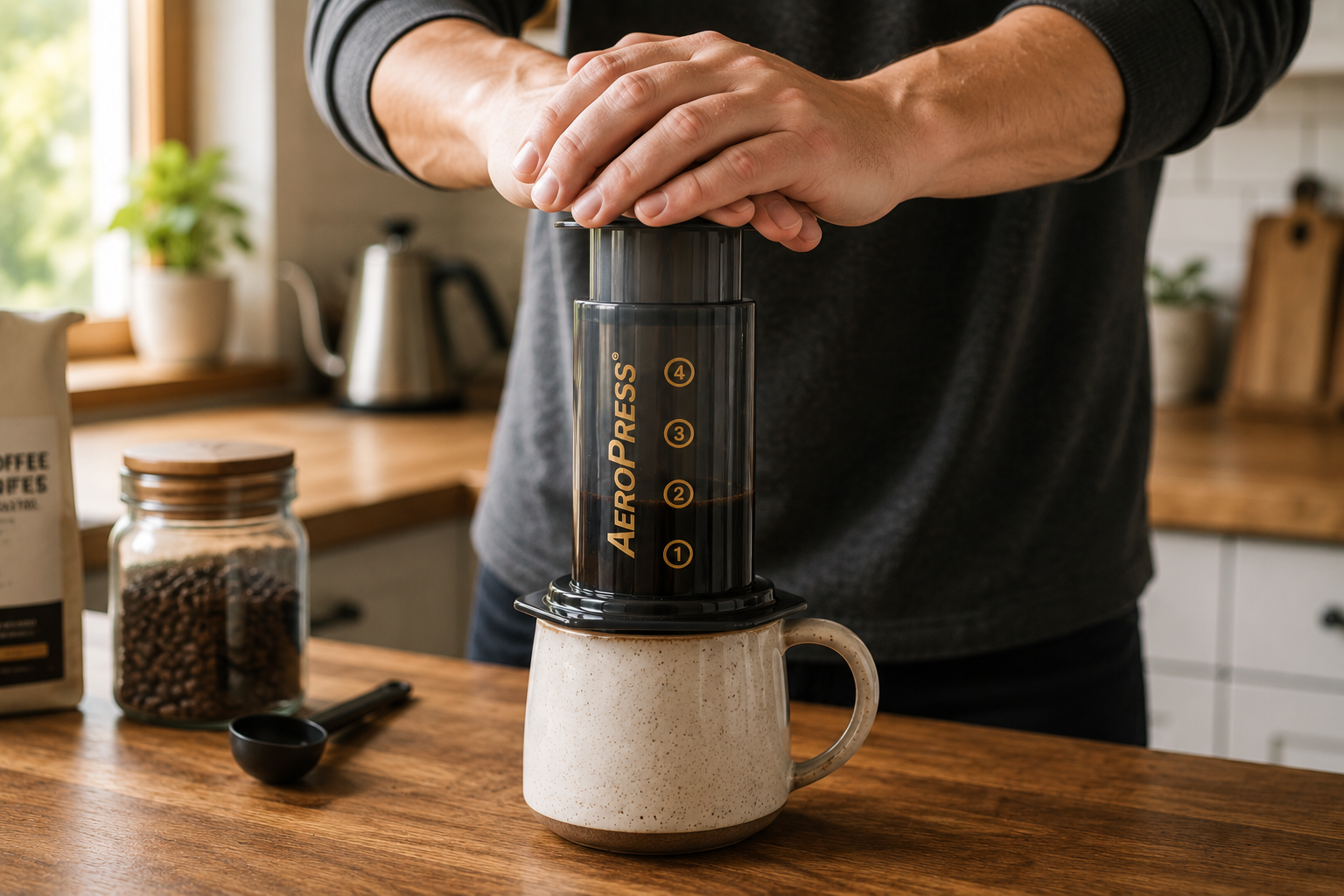 Hands pressing down on an AeroPress plunger over a coffee mug on a kitchen counter