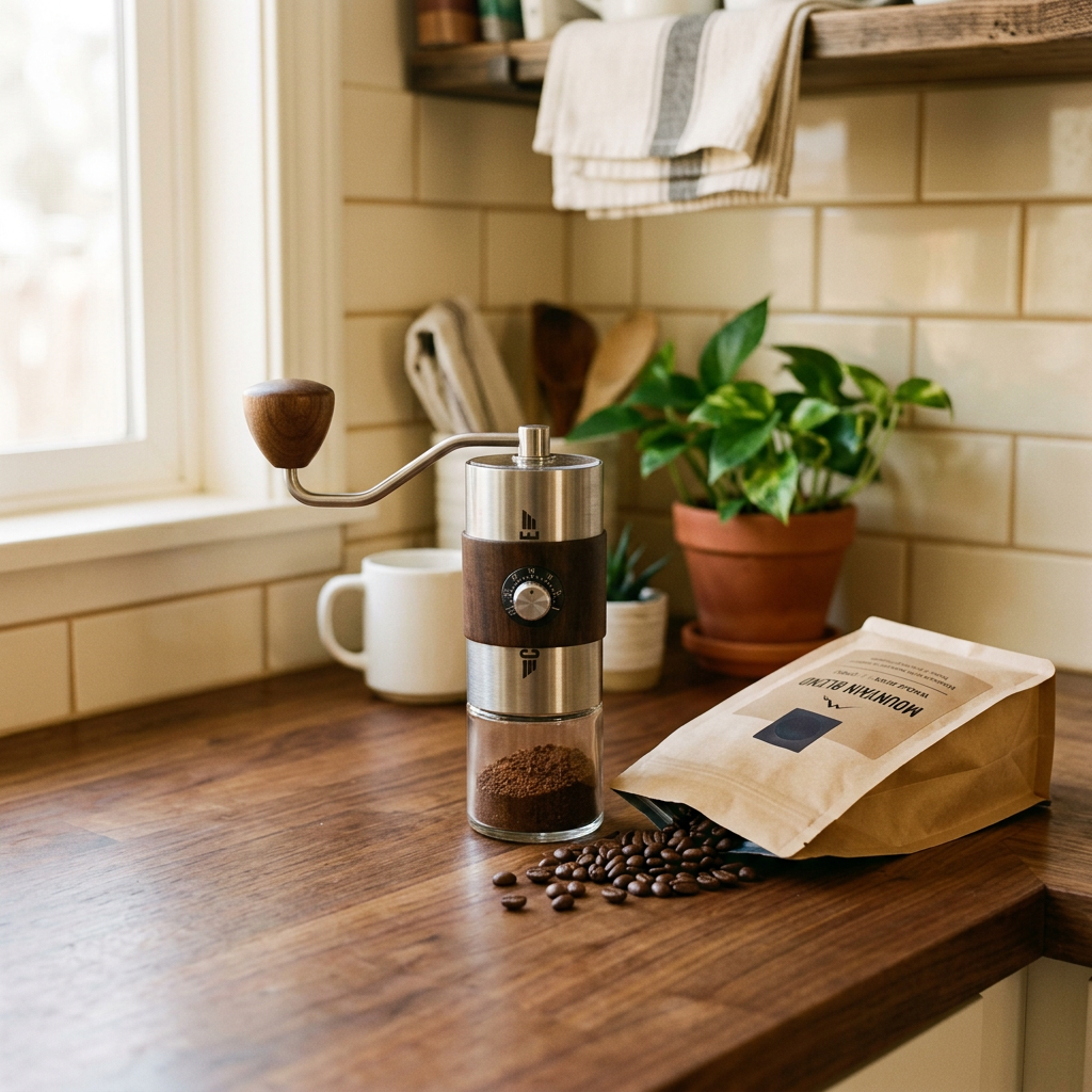 Burr coffee grinder with whole beans on a kitchen counter — a great Father's Day gift for a coffee lover