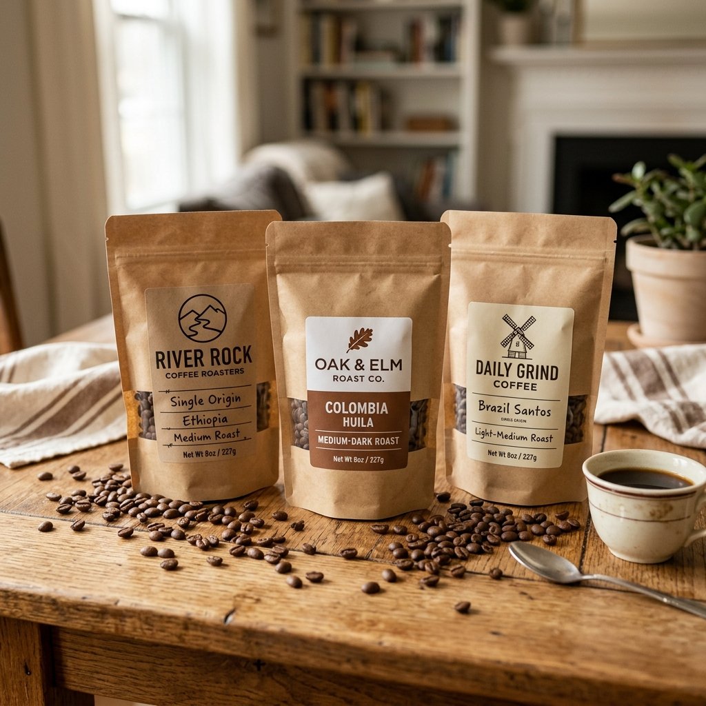 A specialty coffee bean sampler with several roasted bean bags on a wooden table — a thoughtful Father's Day gift for a coffee-loving dad